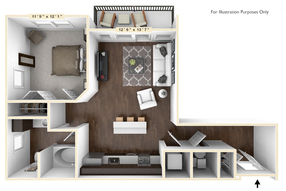 Floor plan for 1 bed, 1 bath, 692 sqft